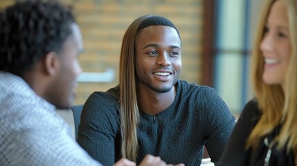 A team having a candid discussion during a business meeting, with natural expressions.