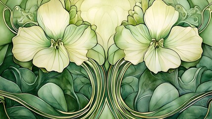 Wall Mural - Elegant Green Floral Pattern with Ornamental Blooming Flowers on Organic Background