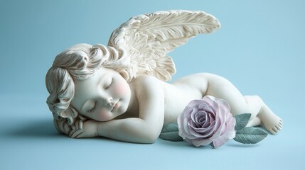 Wall Mural - A tender, sleeping angel with delicate wings, holding a single lavender rose, positioned on a clean, light blue background.