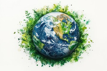 Wall Mural - watercolor illustration of earth with lush green continents delicate brushstrokes splatter texture w