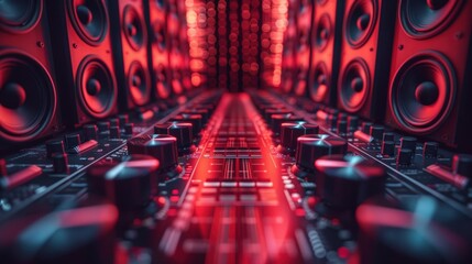 Close up of a mixer control panel with large speakers on either side, lit with red light.