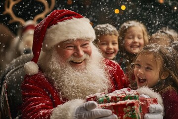 The true spirit of Christmas is beautifully captured with Santa Claus sharing joyous moments with children amidst falling snow, spreading warmth and festive cheer.