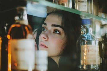 A person staring at a bottle on a shelf with intense longing, their reflection in the glass showing the inner battle with cravings