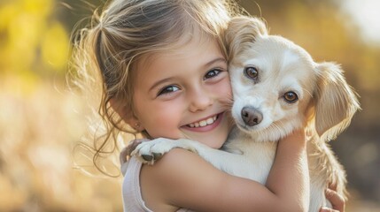 Wall Mural - A young child hugging their pet with a joyful expression.