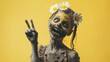 © Dara - A young zombie with pigtails and a daisy flower crown, playfully making a peace sign with one hand, standing against a yellow backdrop.