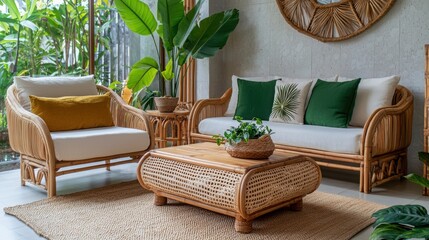 Stylish rattan furniture creates a cozy and inviting living room atmosphere with natural greenery. Perfect for modern home decor.