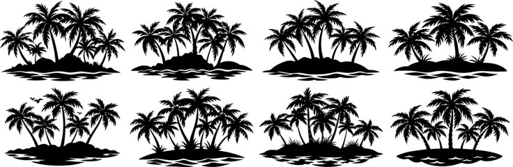 set of island with palm trees silhouette vector illustration