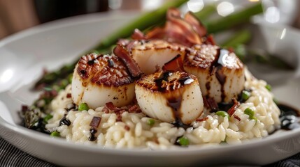 Wall Mural - Seared scallops served over a bed of creamy risotto, garnished with crispy prosciutto and a drizzle of balsamic glaze, accompanied by a side of roasted asparagus