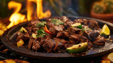 Wall Mural - Sizzling platter of carne asada with grilled cactus paddles.