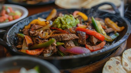 Wall Mural - Sizzling steak fajitas with grilled bell peppers and onions, served with warm tortillas, guacamole, and pico de gallo