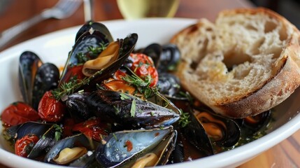 Steamed mussels in a white wine, garlic, and herb broth, served with crusty bread for dipping and a side of roasted tomatoes