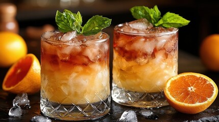 Refreshing cocktails with ice cubes and mint garnish served on a bar counter with fresh oranges at a lively evening gathering