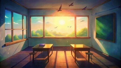 Wall Mural - Empty Classroom with Sunset View Through Window