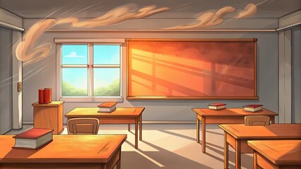 Sticker - Empty Classroom with Sunlight Streaming Through Window and Dust Motes