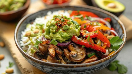 Vibrant vegetable fajita bowl with saut?(C)ed peppers, onions, mushrooms, and zucchini, served over a bed of cilantro-lime rice and topped with guacamole and salsa, 