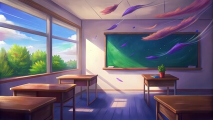 Sticker - An Empty Classroom with a Window View and Feathers Floating in the Air