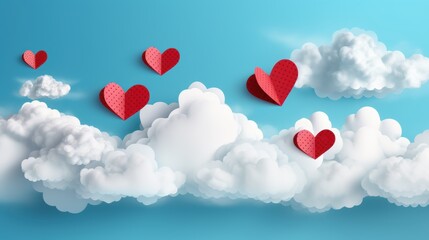 Paper Hearts Soaring: Red paper hearts take flight amidst fluffy white clouds against a vibrant blue sky, a whimsical 3D illustration brimming with love, joy, and romance. 