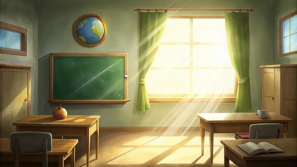 Wall Mural - A Sunlit Classroom with Desks, a Chalkboard, and a Globe