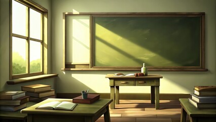 Wall Mural - Empty Classroom with Sunlight Streaming Through a Window