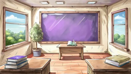 Sticker - A Cartoon Illustration of an Empty Classroom with a Purple Chalkboard