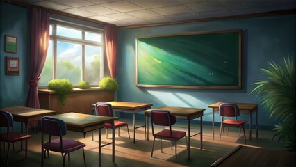 Wall Mural - An Empty Classroom with Sunlight Streaming Through the Window