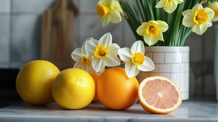 Wall Mural - Fresh Citrus Fruit and Yellow Daffodils