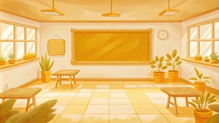 Sticker - A Yellow Classroom with Plants, Tables, and a Blackboard