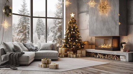 Cozy modern living room glows with christmas tree, featuring a fireplace and new year home decor, large windows showing a snowy forest winter view