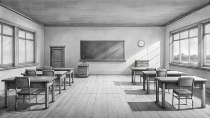 Wall Mural - Empty Classroom with Desks and Chairs, Sunbeams Shining In