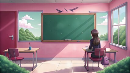 Wall Mural - A lone student sits at a desk in a pink classroom, facing a blank chalkboard with birds flying overhead and a window view of a green, cloudy sky.