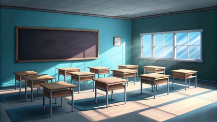 Wall Mural - Empty Classroom with Wooden Desks and a Blackboard