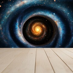 Wall Mural - spiral galaxy with cosmic background and wooden surface