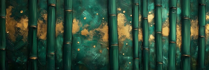 Abstract painting of bamboo forest, texture brush strokes, gold and emerald green colors, with gold foil dots scattered on the surface of each leaf