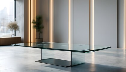 Wall Mural - Sleek Glass Table Showcased in Minimalist Modern Gallery Illuminated by Soft Diffused Lighting