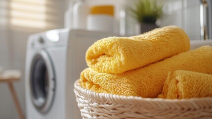 Yellow towels in a basket near the washing machine with laundry detergent