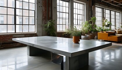 Wall Mural - Sleek Polished Concrete Table in Modern Loft Featuring Industrial Windows for Stylish Product Showcase