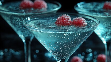 Three sparkling cocktails with raspberries served in elegant glasses on a dark surface at a festive gathering