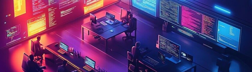 Futuristic workspace featuring programmers in a high-tech environment with glowing screens and modern technology.