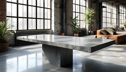 Wall Mural - Sleek Polished Concrete Table in Modern Loft Featuring Industrial Windows for Stylish Product Showcase