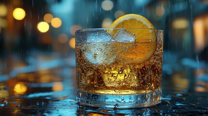 A refreshing drink with ice and lemon slice sits on a wet surface in a city street during a rainy evening