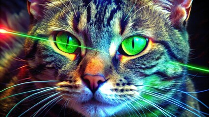 Close-up of a cat's face with green eyes and a laser pointer beam