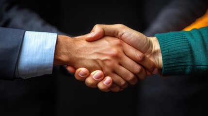 Sealing the Deal: A close-up handshake signifies agreement between a businessman and a construction worker, representing a successful collaboration. 