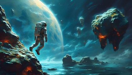 Poster - Astronaut Adventuring Through Luminous Alien Landscape of Floating Islands