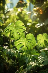 Wall Mural - Sunlight filters through the canopy, highlighting the lush green monstera plants thriving in a tropical garden, creating a serene and vibrant atmosphere