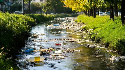 A heavily polluted stream littered with plastic waste and debris, highlighting the environmental impact of improper waste disposal.