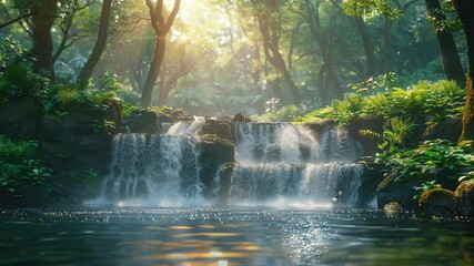 Wall Mural - animation serene forest waterfall with sunlight filtering through trees generated with ai