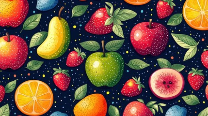 Poster - A vibrant arrangement of various fruits including apples, oranges, strawberries, and bananas set against a dark background, creating a lively and inviting atmosphere suitable for backgrounds