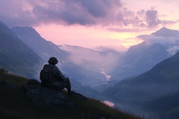 Wall Mural - A soldier sits peacefully in a vast mountain landscape. The sunset casts beautiful colors across the sky. A moment of reflection and calm in nature. Generative AI