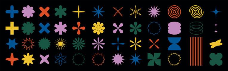 Wall Mural - set of colorful abstract geometric shape and icon isolated on black background. aesthetic design ele