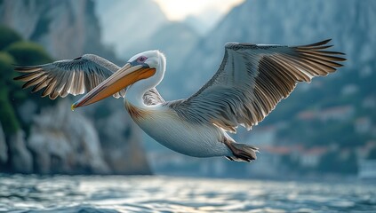 Wall Mural - Pelican in Flight Over Water